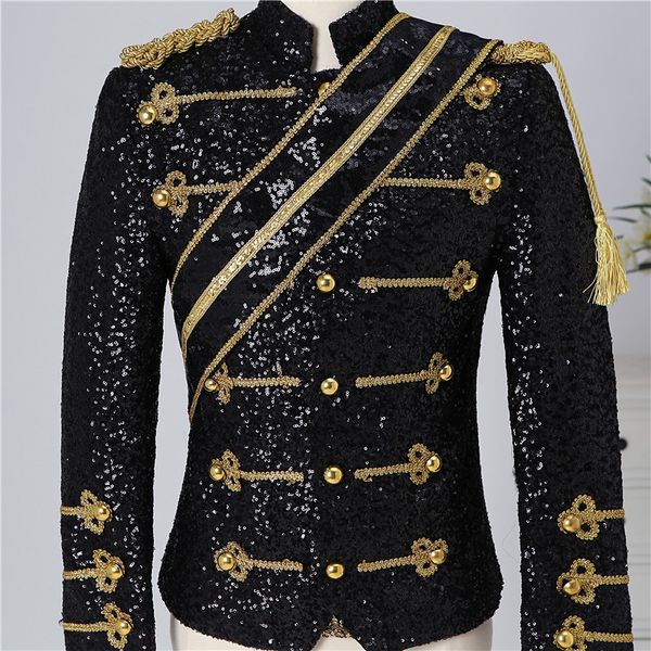 black white sequins fringe epaulet jacket bar nightclub mens rock singer band costume slim stand coat england style court dress, Black;red
black white sequins fringe epaulet jacket bar nightclub mens rock singer band costume slim stand coat england style court dress, Black;red