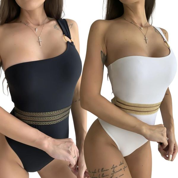 women's swimwear woman romper swimsuit single shoulder splicing sleeveless backless elastic slim bikini wire high waist bodysuit, White;black
women's swimwear woman romper swimsuit single shoulder splicing sleeveless backless elastic slim bikini wire high waist bodysuit, White;black