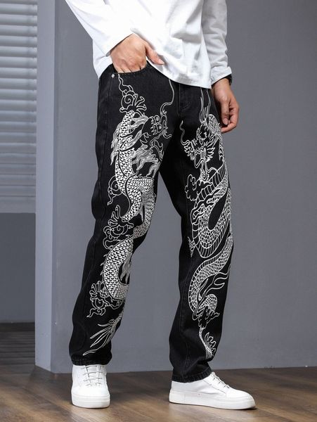 men chinese dragon print jeans b8up#, Blue
men chinese dragon print jeans b8up#, Blue