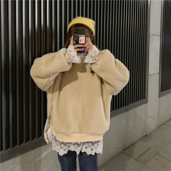 2021 new autumn winter lace stitching lamb wool fake two-piece round neck loose shoulder sleeves sweatshirt women 0g0a, Black
2021 new autumn winter lace stitching lamb wool fake two-piece round neck loose shoulder sleeves sweatshirt women 0g0a, Black
