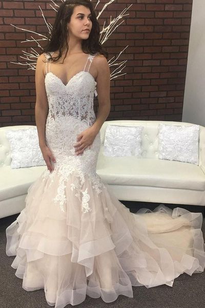 spaghetti lace mermaid wedding dresses with beaded appliqeus sweep train lace-up tulle plus size bridal gowns, White
spaghetti lace mermaid wedding dresses with beaded appliqeus sweep train lace-up tulle plus size bridal gowns, White