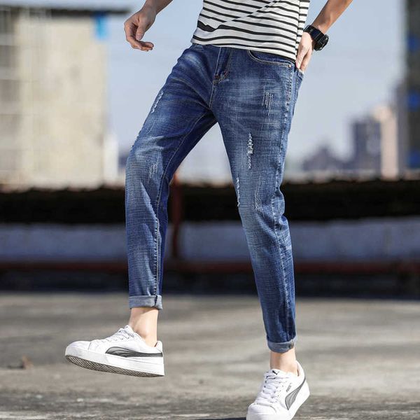 men's summer jeans trend slim fit small leg pants youth stretch casual quarter, Blue
men's summer jeans trend slim fit small leg pants youth stretch casual quarter, Blue