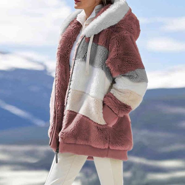 women hoodie winter jacket warm plush casual loose hooded coat mixed color patchwork outwear faux fur zipper ladies parka, Black
women hoodie winter jacket warm plush casual loose hooded coat mixed color patchwork outwear faux fur zipper ladies parka, Black