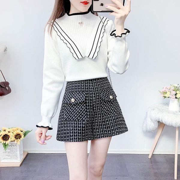 women's two piece pants winter sweet fried street small air fragrance suit color stitching twinset sweater tweed shorts, White
women's two piece pants winter sweet fried street small air fragrance suit color stitching twinset sweater tweed shorts, White