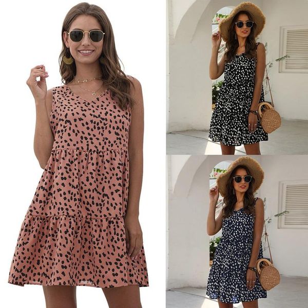 casual dresses women print v neck sleeveless loose beach vacation dress, Black;gray