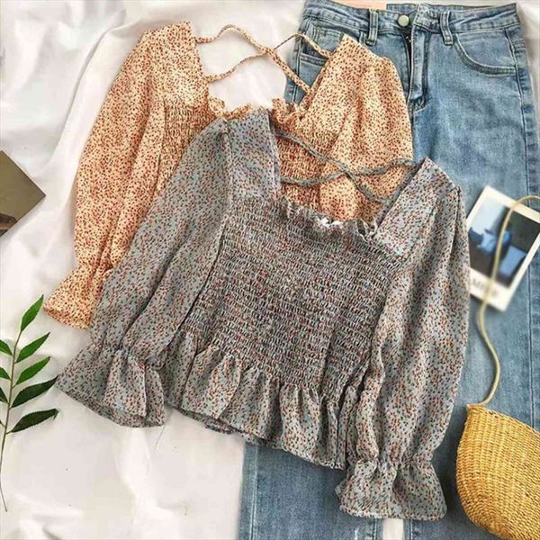 vintage floral puff women shirt long sleeve wrap elegant backless chic female shirts, White
vintage floral puff women shirt long sleeve wrap elegant backless chic female shirts, White
