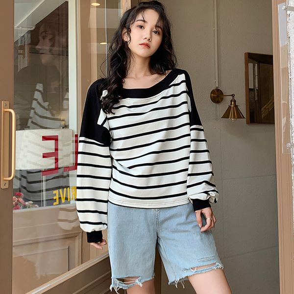2021 new autumn cotton stripes loose stitching contrast sweatshirt drop shoulders long sleeve round neck pullover simple ird9, Black
2021 new autumn cotton stripes loose stitching contrast sweatshirt drop shoulders long sleeve round neck pullover simple ird9, Black