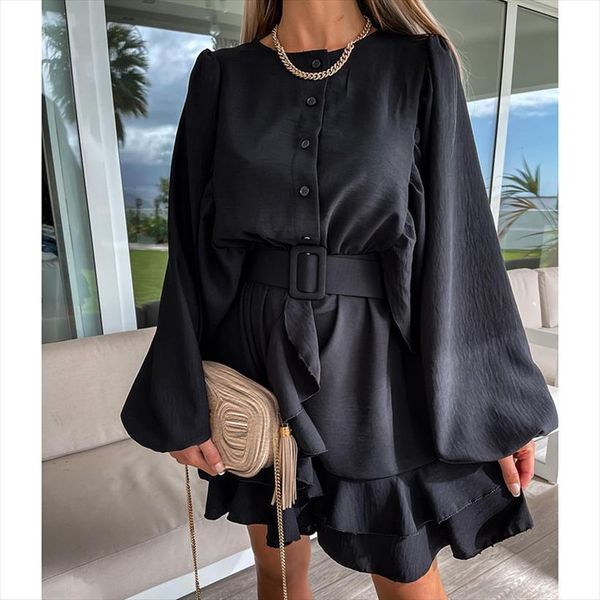 elina loose o neck women dress fashion cascading ruffle elegant tie belt waist buttons mini female ladies, Black;gray
elina loose o neck women dress fashion cascading ruffle elegant tie belt waist buttons mini female ladies, Black;gray