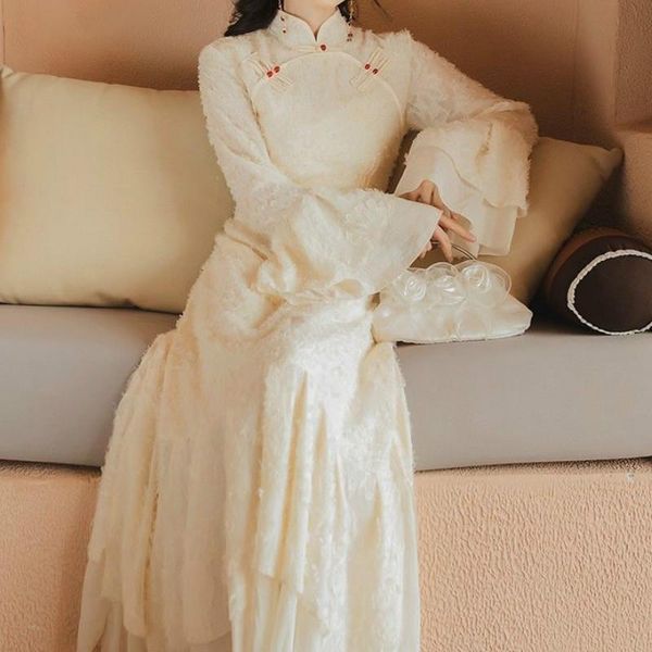 casual dresses autumn french retro girl gentle long dress chinese improved cheongsam slim sweet fairy mori elegant woman, Black;gray