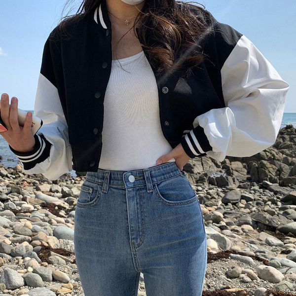 women patchwork short baseball uniform jacket female 2021 autumn fashion casual y2k solid button varsity sporty baseball coat, Black;brown
women patchwork short baseball uniform jacket female 2021 autumn fashion casual y2k solid button varsity sporty baseball coat, Black;brown