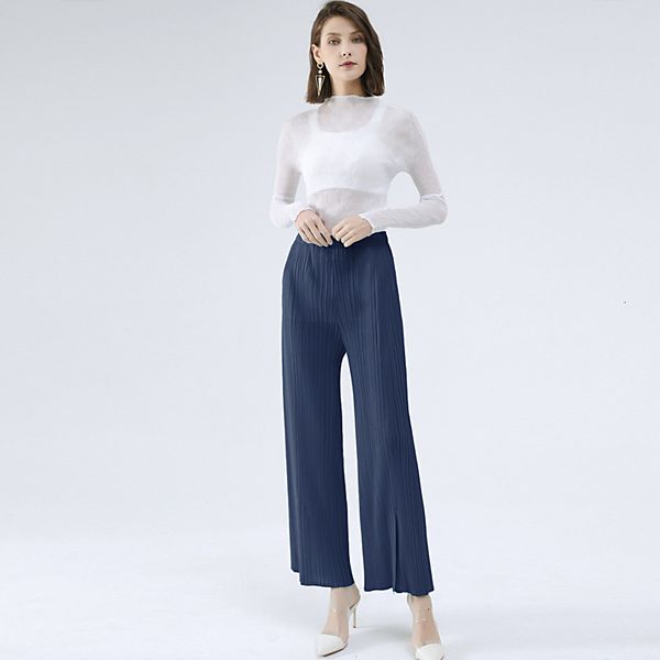 2021 new summer autumn casual split aesthetic black pants women's simple loose stretch pleated straight trousers y0tr, Black;white