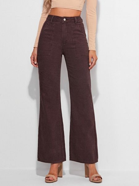 high waist slant pocket cord pants 85bs#, Black;white