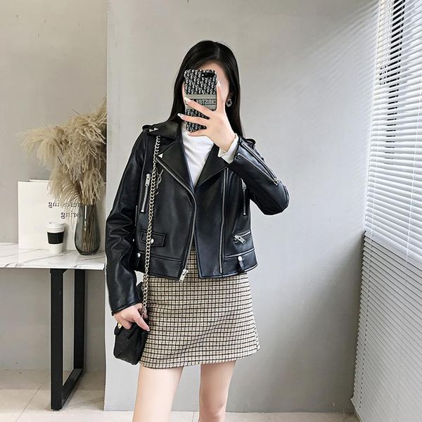women's leather & faux sheepskin 2021 autumn winter short motorcycle jacket slim lapel, Black
women's leather & faux sheepskin 2021 autumn winter short motorcycle jacket slim lapel, Black