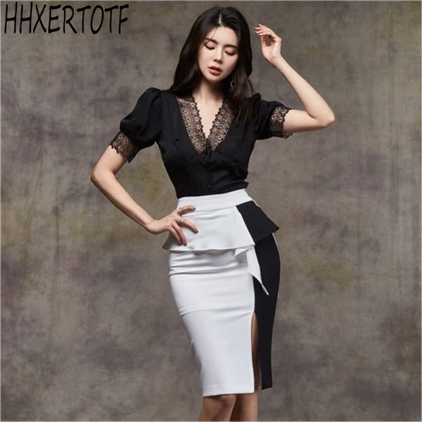 spring summer 2 pieces set women short sleeve lace shirts + ruffle color block sheath pencil skirts suit 210531, White
spring summer 2 pieces set women short sleeve lace shirts + ruffle color block sheath pencil skirts suit 210531, White