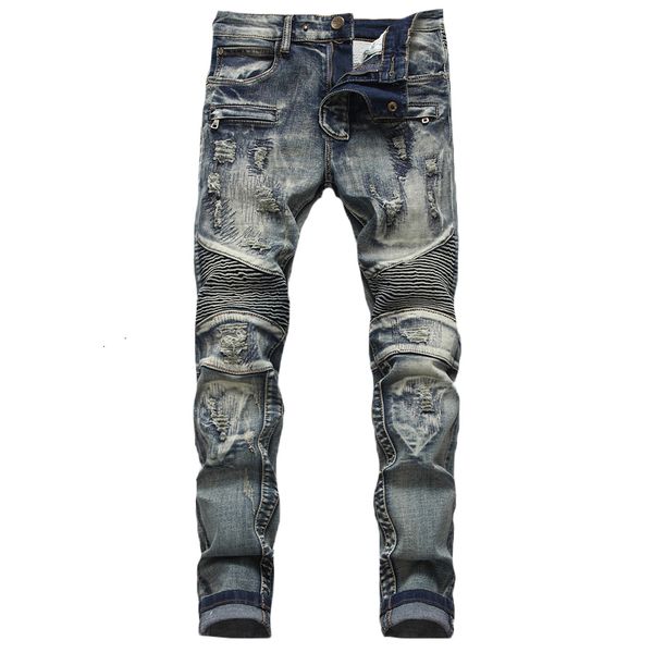 fashion stitching ripped jeans men's trendy straight personality retro locomotive folds frayed beggar pants ibrj, Blue
fashion stitching ripped jeans men's trendy straight personality retro locomotive folds frayed beggar pants ibrj, Blue
