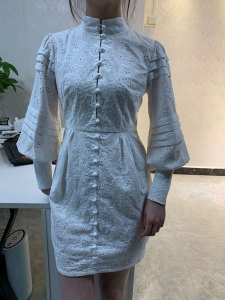australia spring cotton stand collar hollow embroidered puff sleeve dress, Black
australia spring cotton stand collar hollow embroidered puff sleeve dress, Black