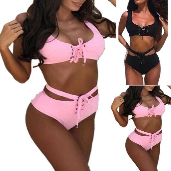 two-piece suits high waisted lace up swimwear women solid color unpadded bathing 2 piece bikini set
two-piece suits high waisted lace up swimwear women solid color unpadded bathing 2 piece bikini set