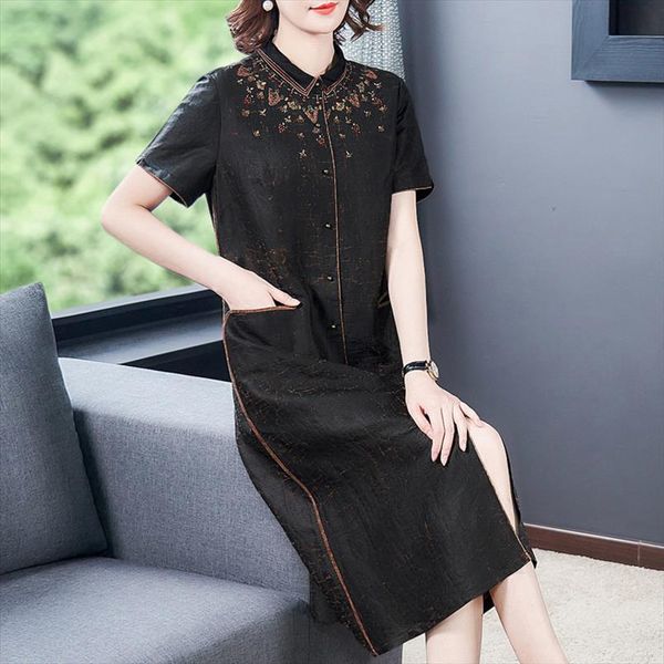 black fragrant cloud yarn short womens tank sleeved silk dress loose straight wild retro embroidered shirt plus size 5, White 
black fragrant cloud yarn short womens tank sleeved silk dress loose straight wild retro embroidered shirt plus size 5, White