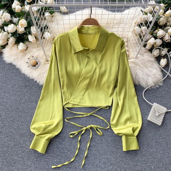 women's blouses & shirts ins blouse summer satin fashion bandage waist slimming short shirt long sleeve solid color casual t481, White
women's blouses & shirts ins blouse summer satin fashion bandage waist slimming short shirt long sleeve solid color casual t481, White