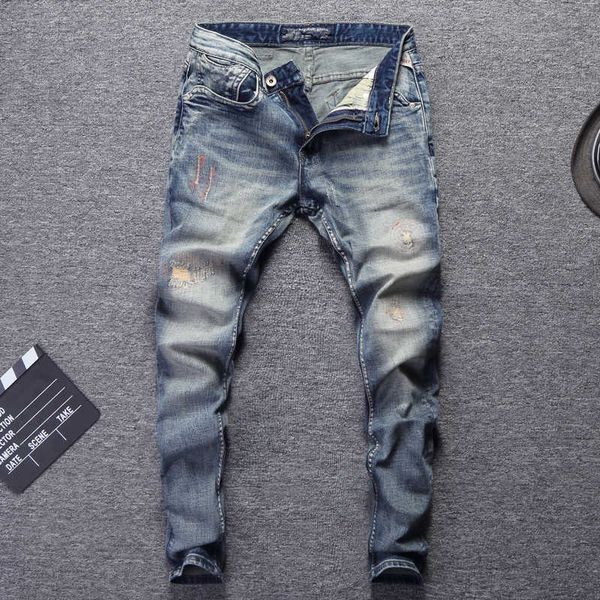 men's jeans ly vintage designer fashion slim fit embroidery patchwork ripped homme streetwear hip hop men pants gnmc lmn4, Blue
men's jeans ly vintage designer fashion slim fit embroidery patchwork ripped homme streetwear hip hop men pants gnmc lmn4, Blue