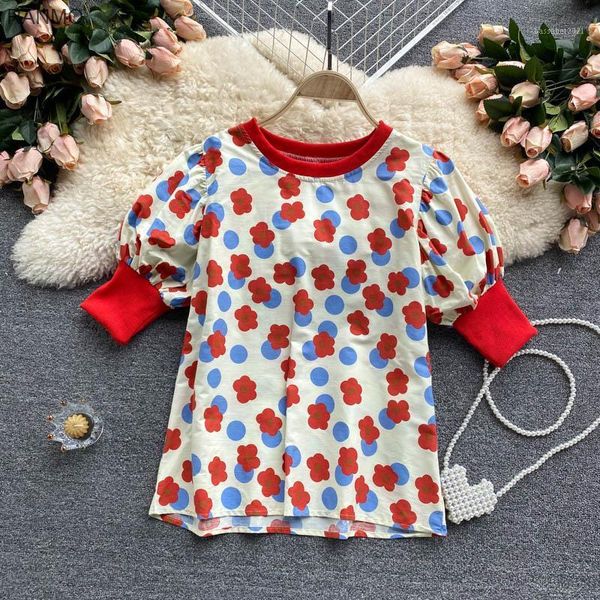 women's t-shirt south korea dongdamen age reducing bubble sleeve sense minority contrast color cuffs small fresh printing, White
women's t-shirt south korea dongdamen age reducing bubble sleeve sense minority contrast color cuffs small fresh printing, White