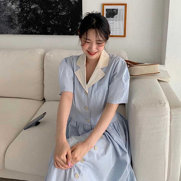 women blue dress summer elegant lapel single-breasted short puff sleeve vintage dresses female korean chic robe mujer 210527, Black;gray
women blue dress summer elegant lapel single-breasted short puff sleeve vintage dresses female korean chic robe mujer 210527, Black;gray