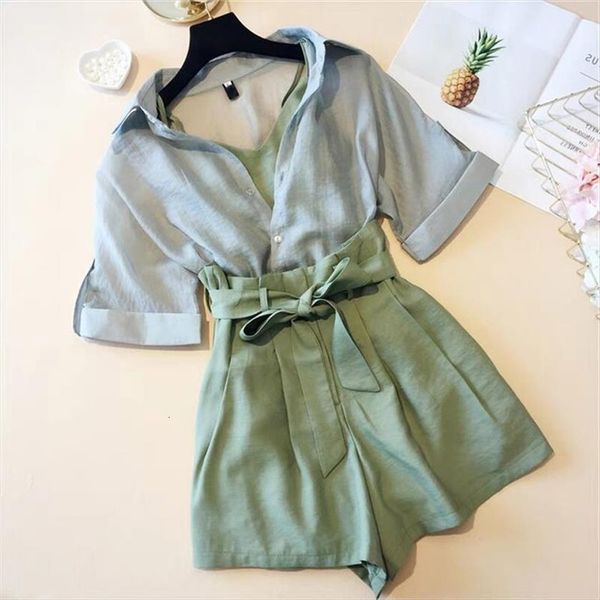 summer 3 pieces sets womens tracksuits chiffon blouse tank and elastic waist shorts belt female set casual lady suit, Gray
summer 3 pieces sets womens tracksuits chiffon blouse tank and elastic waist shorts belt female set casual lady suit, Gray