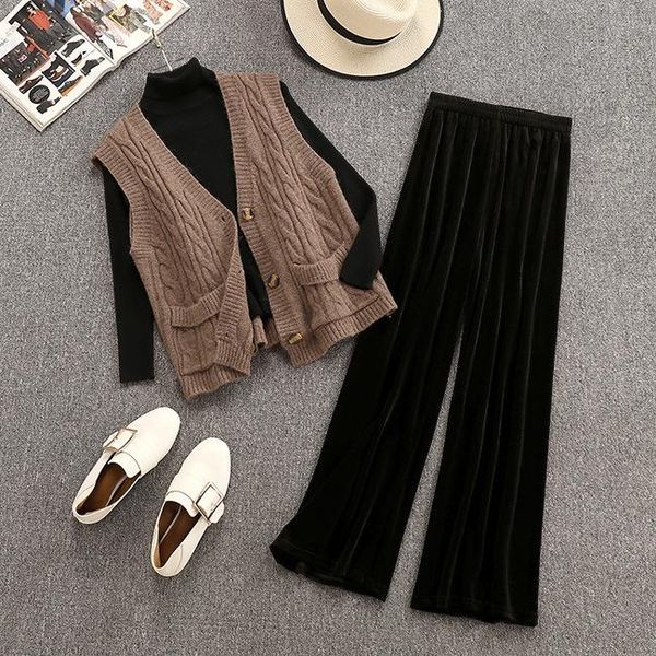two piece dress 2021 autumn and winter temperament high collar knit sweater vest gold velvet wide leg pants two-piece, White
two piece dress 2021 autumn and winter temperament high collar knit sweater vest gold velvet wide leg pants two-piece, White