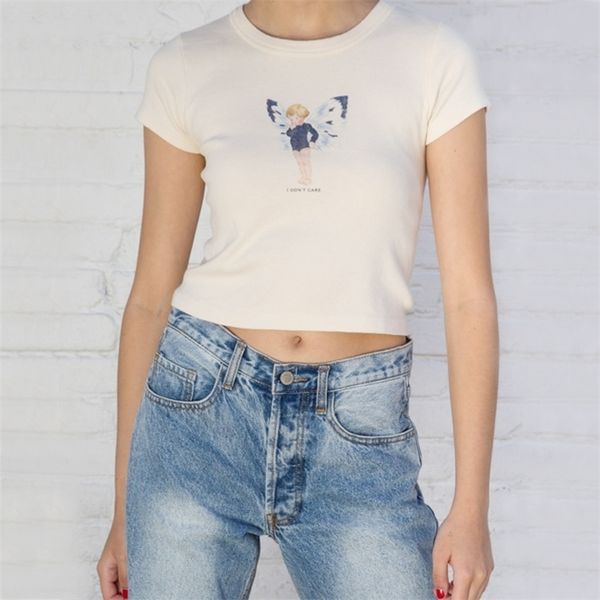 women butterfly fairy print cotton t-shirt summer short sleeve in beige 210306, White
women butterfly fairy print cotton t-shirt summer short sleeve in beige 210306, White