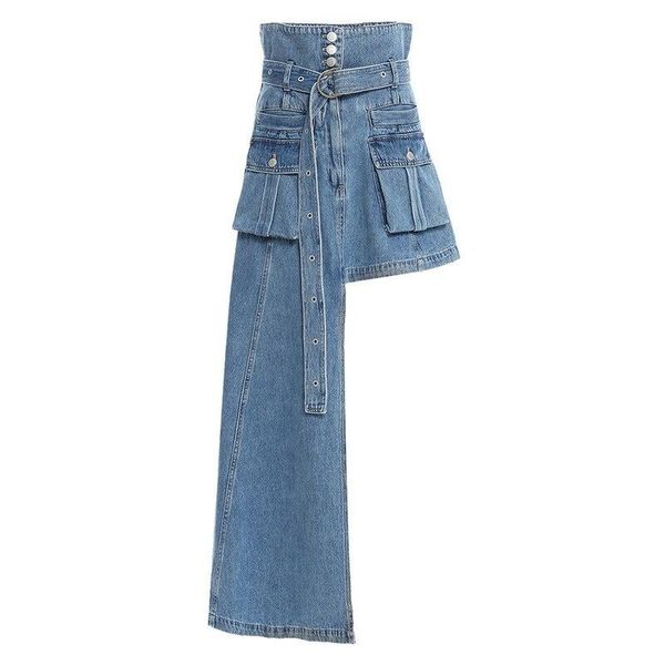 skirts women skirt high waist blue button irregular denim, Black