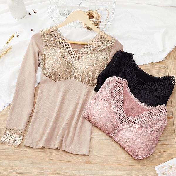 new women 2021 autumn winter slim base shirt female lace v-neck seamless body long-sleeved thermal underwear a410nayu, Black;pink
new women 2021 autumn winter slim base shirt female lace v-neck seamless body long-sleeved thermal underwear a410nayu, Black;pink