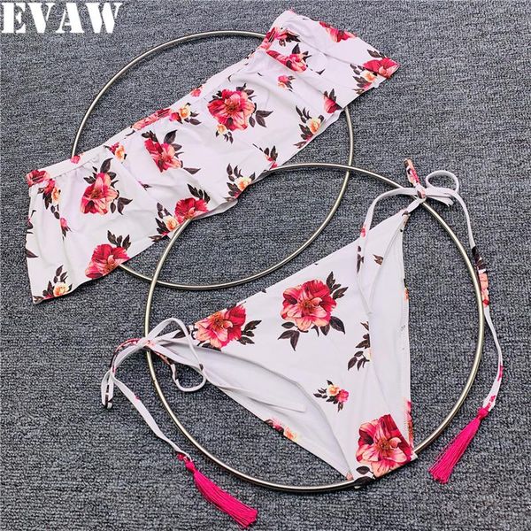 women's swimwear evaw 2021 floral print swimsuit for woman strappy off shoulder bikini set ruffle bandeau stapless bathing suits, White;black
women's swimwear evaw 2021 floral print swimsuit for woman strappy off shoulder bikini set ruffle bandeau stapless bathing suits, White;black
