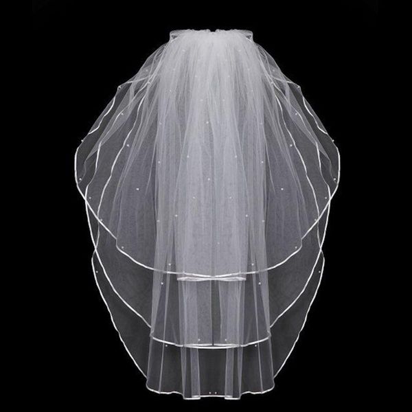 bridal veils 3 layers women white wedding tulle veil ribbon edge faux pearl beaded embellishment center cascade marriage with big comb, Black 
bridal veils 3 layers women white wedding tulle veil ribbon edge faux pearl beaded embellishment center cascade marriage with big comb, Black