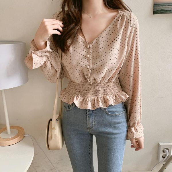 women's blouses & shirts korea 2021 vintage v-neck flare sleeve polka dot blouse elegant front buttons slim waist ruffles female ol blu, White
women's blouses & shirts korea 2021 vintage v-neck flare sleeve polka dot blouse elegant front buttons slim waist ruffles female ol blu, White