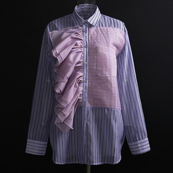 women's blouses & shirts women ruffles stripe blouse sheer colorblock long sleeve loose high street 2021, White
women's blouses & shirts women ruffles stripe blouse sheer colorblock long sleeve loose high street 2021, White