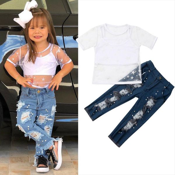 kids girls 1 6y fashion clothes sets outfits short sleeve mesh t shirt amp tank denim pants holiday, White
kids girls 1 6y fashion clothes sets outfits short sleeve mesh t shirt amp tank denim pants holiday, White
