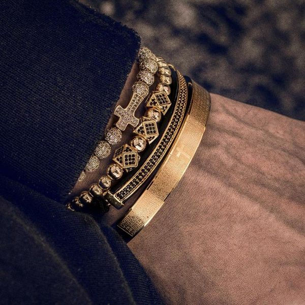 charm bracelets classic 4pcs/set men steel carving spanish scripture bangle micro zircon cross bracelet pulseira bileklik luxury jewelry, Golden;silver
charm bracelets classic 4pcs/set men steel carving spanish scripture bangle micro zircon cross bracelet pulseira bileklik luxury jewelry, Golden;silver