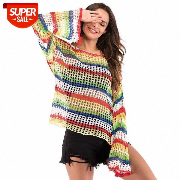 Rainbow Stripe Thin Smock Hollowed Loose Knit Pullover Top Autumn Flare Long Sleeve O-Neck Casual T Shirt Fashion Tee Shirt New #xO9Z, White;black
Rainbow Stripe Thin Smock Hollowed Loose Knit Pullover Top Autumn Flare Long Sleeve O-Neck Casual T Shirt Fashion Tee Shirt New #xO9Z, White;black