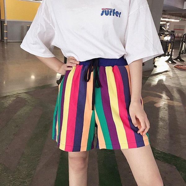 women's shorts harajuku rainbow women loose beach style high waist striped straight drawstring summer fashion, White;black
women's shorts harajuku rainbow women loose beach style high waist striped straight drawstring summer fashion, White;black