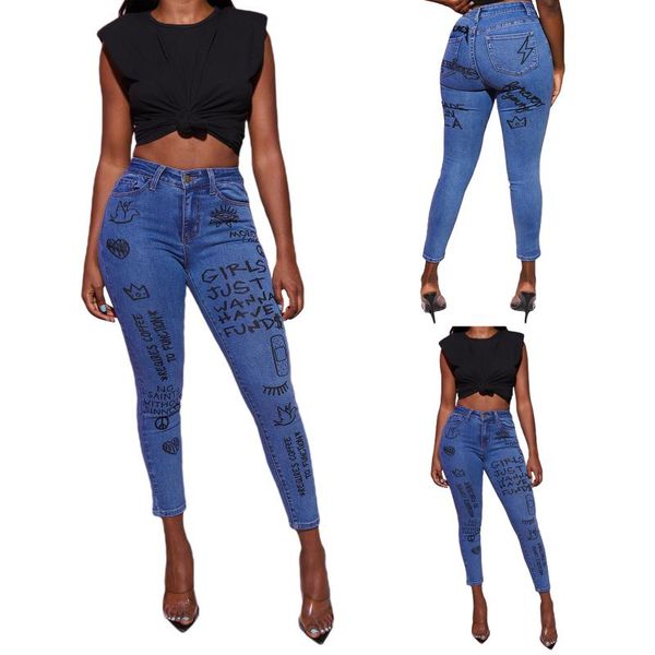 women spring jeans cartoon pattern letters print high waist button zipper placket slim long pencil pants with pockets for girls, Blue
women spring jeans cartoon pattern letters print high waist button zipper placket slim long pencil pants with pockets for girls, Blue
