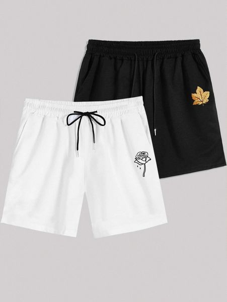 men 2pcs drawstring waist leaf & rose print shorts c4we#, Black 
men 2pcs drawstring waist leaf & rose print shorts c4we#, Black