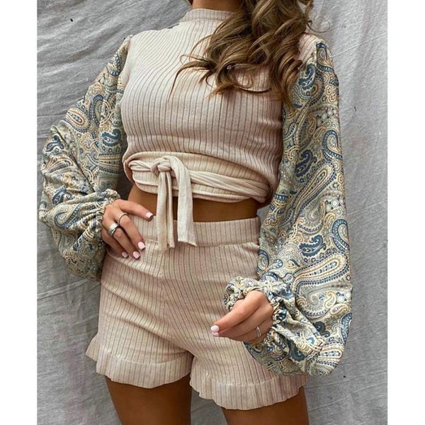 women's tracksuits round neck slim printed lantern sleeve lace shorts two-piece suit splicing + elastic waist short clothing suits 2021, Gray
women's tracksuits round neck slim printed lantern sleeve lace shorts two-piece suit splicing + elastic waist short clothing suits 2021, Gray