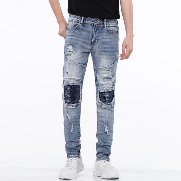 jeans men's fashion stitching hole elastic locomotive slim fit pants leggings, Blue
jeans men's fashion stitching hole elastic locomotive slim fit pants leggings, Blue