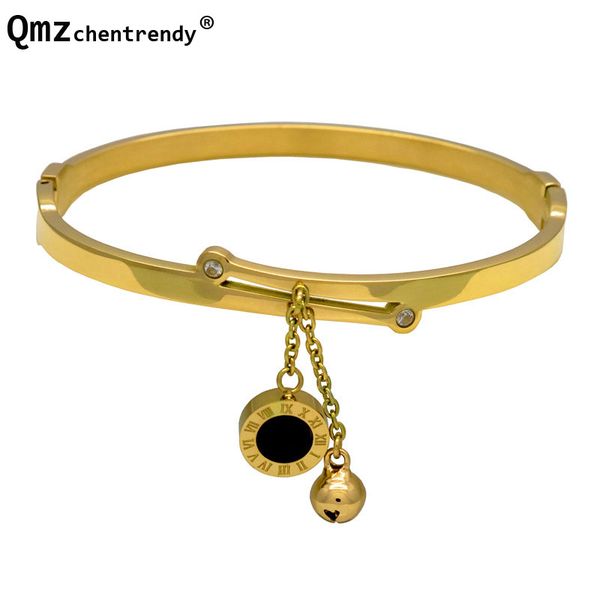 women stainless steel rose gold steel two-sided black and white shell bangles with small bell roman numeral round charm bracelet
women stainless steel rose gold steel two-sided black and white shell bangles with small bell roman numeral round charm bracelet