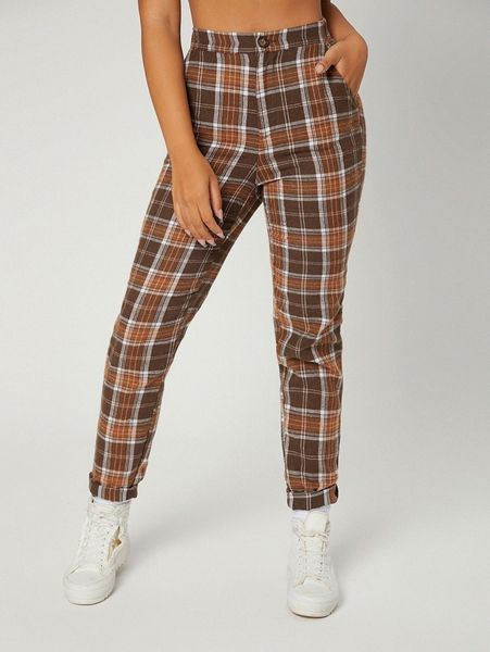 tartan button front pants i24k#, Black;white