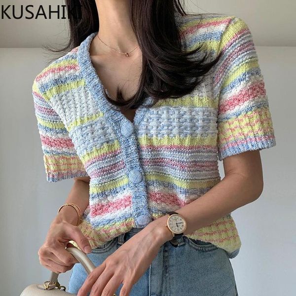 women's knits & tees kusahiki colourful stripe knitted cardigan causal short sleeve knitwear 2021 fashion elegant single breasted jumpe, White
women's knits & tees kusahiki colourful stripe knitted cardigan causal short sleeve knitwear 2021 fashion elegant single breasted jumpe, White