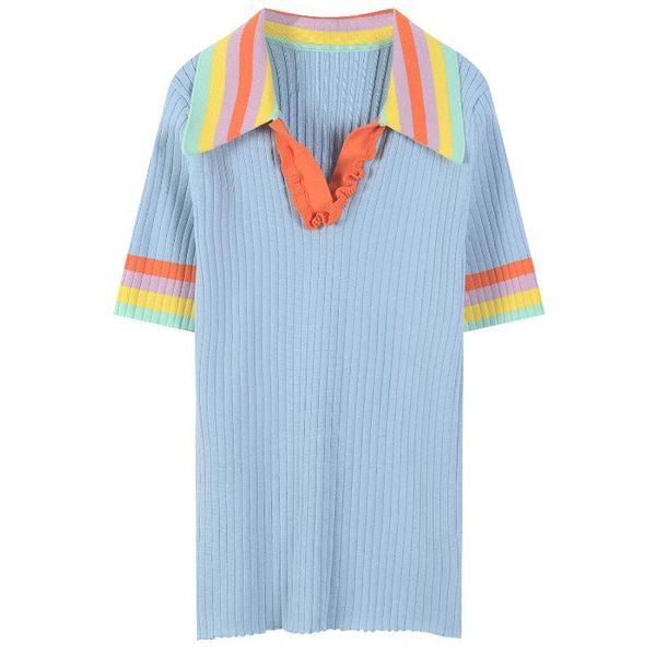 women's polos 2021 summer blue colored collar with wooden ear edge color matching slim contrast short sleeve knitting, White
women's polos 2021 summer blue colored collar with wooden ear edge color matching slim contrast short sleeve knitting, White