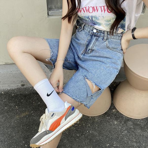 summer high waist hole jeans womens short casual light blue denim straight tube shorts lady fashion button, White;black
summer high waist hole jeans womens short casual light blue denim straight tube shorts lady fashion button, White;black