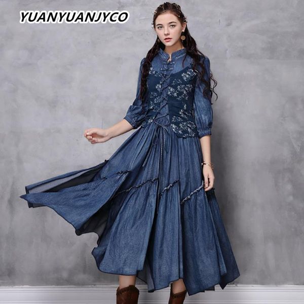 yuanyuanjyco spring autumn women long vintage denim dress appliques patchwork pleated high waist crop sleeve jean woman clothes, Black;gray
yuanyuanjyco spring autumn women long vintage denim dress appliques patchwork pleated high waist crop sleeve jean woman clothes, Black;gray