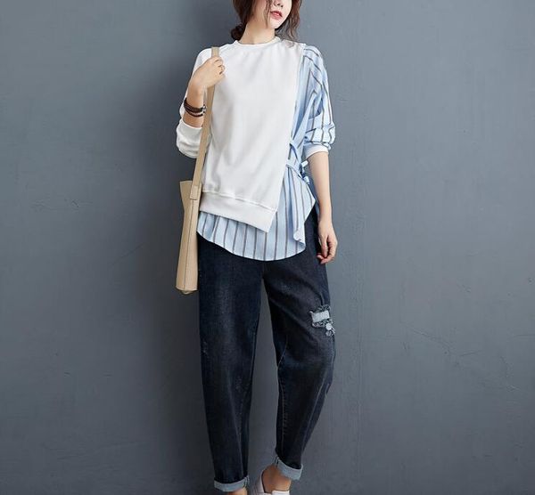 women's blouses & shirts stripe cotton women blouse belt thin o neck long sleeve korean fashion womoen, White
women's blouses & shirts stripe cotton women blouse belt thin o neck long sleeve korean fashion womoen, White